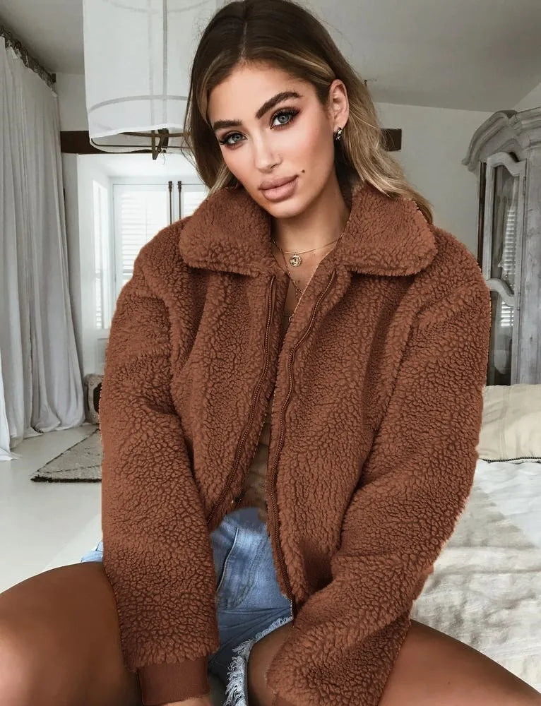 Women Thick Teddy Bear Pocket Fleece Jacket Winter Elegant Warm Coat Zip Up Outwear Overcoat Soft Fur Jacket Female Plush Coat