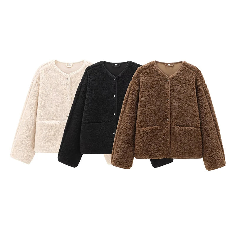 YENKYE New Women Soft Solid Teddy Jacket  Long Sleeve O Neck With Pockets Autumn Winter Outerwear Casual Lady Coat