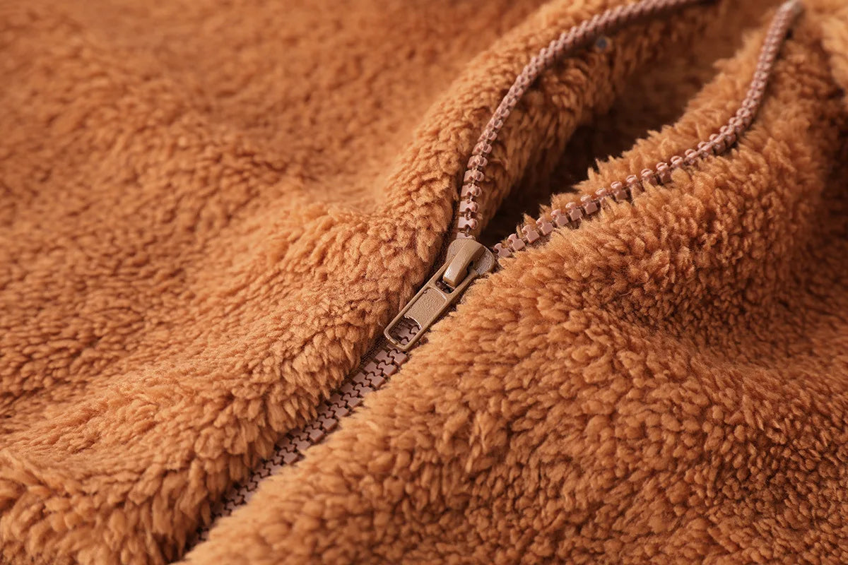 Women Thick Teddy Bear Pocket Fleece Jacket Winter Elegant Warm Coat Zip Up Outwear Overcoat Soft Fur Jacket Female Plush Coat