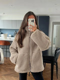 Women Solid Color Fleece Jacket High Neck Zip Up Warm Loose Teddy Coat For Autumn Winter