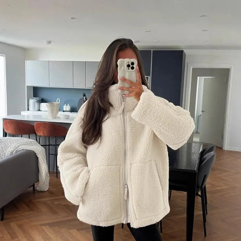 Women Solid Color Fleece Jacket High Neck Zip Up Warm Loose Teddy Coat For Autumn Winter