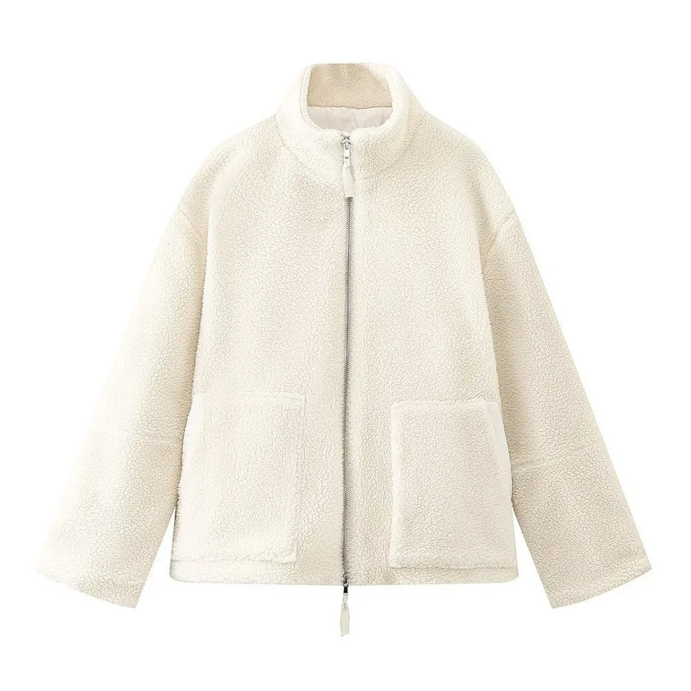 Women Solid Color Fleece Jacket High Neck Zip Up Warm Loose Teddy Coat For Autumn Winter