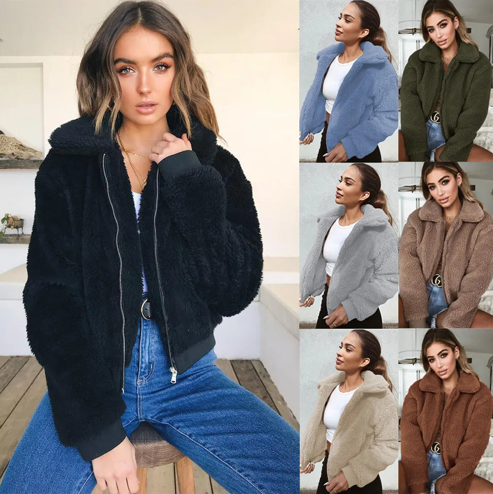 Women Thick Teddy Bear Pocket Fleece Jacket Winter Elegant Warm Coat Zip Up Outwear Overcoat Soft Fur Jacket Female Plush Coat