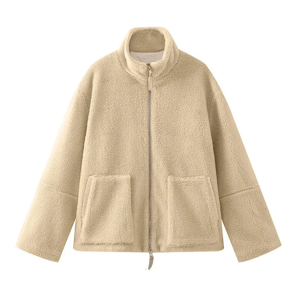 Women Solid Color Fleece Jacket High Neck Zip Up Warm Loose Teddy Coat For Autumn Winter