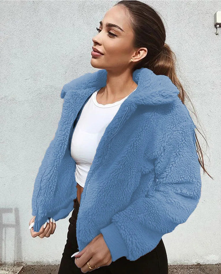 Women Thick Teddy Bear Pocket Fleece Jacket Winter Elegant Warm Coat Zip Up Outwear Overcoat Soft Fur Jacket Female Plush Coat