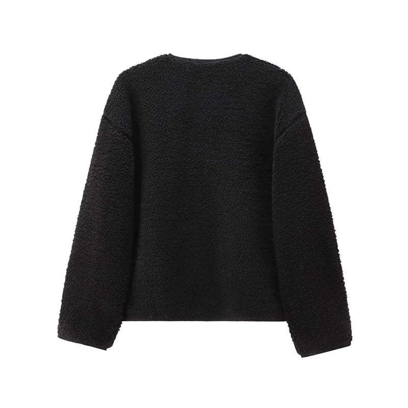 YENKYE New Women Soft Solid Teddy Jacket  Long Sleeve O Neck With Pockets Autumn Winter Outerwear Casual Lady Coat