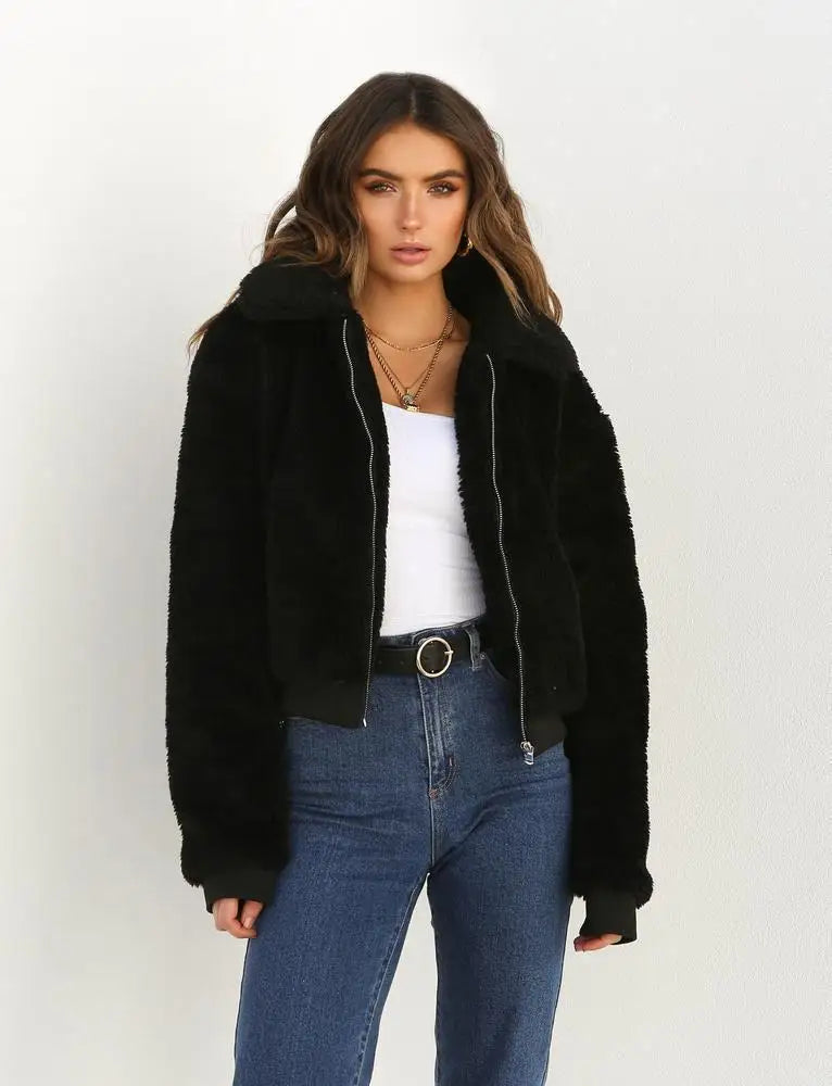 Women Thick Teddy Bear Pocket Fleece Jacket Winter Elegant Warm Coat Zip Up Outwear Overcoat Soft Fur Jacket Female Plush Coat