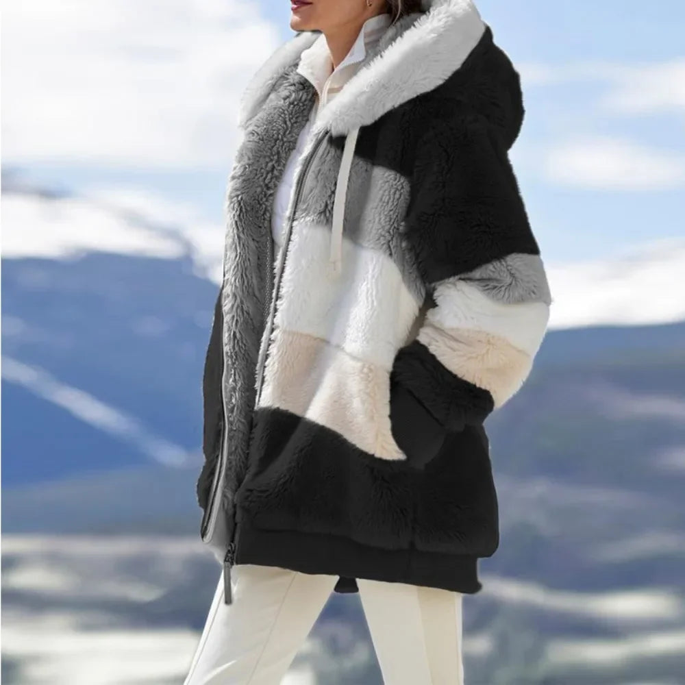 Women's Oversized color Block Hooded winter  Coat 2026