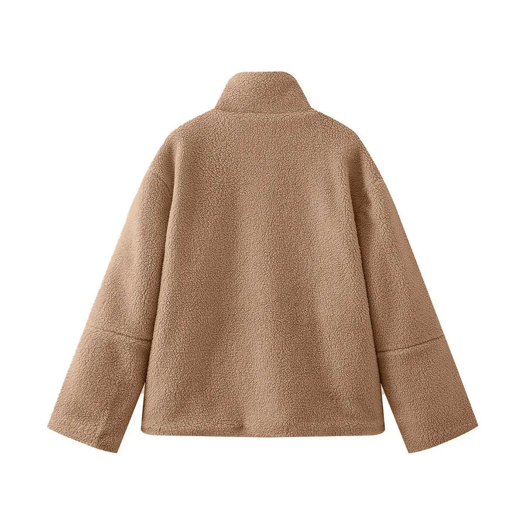 Women Solid Color Fleece Jacket High Neck Zip Up Warm Loose Teddy Coat For Autumn Winter