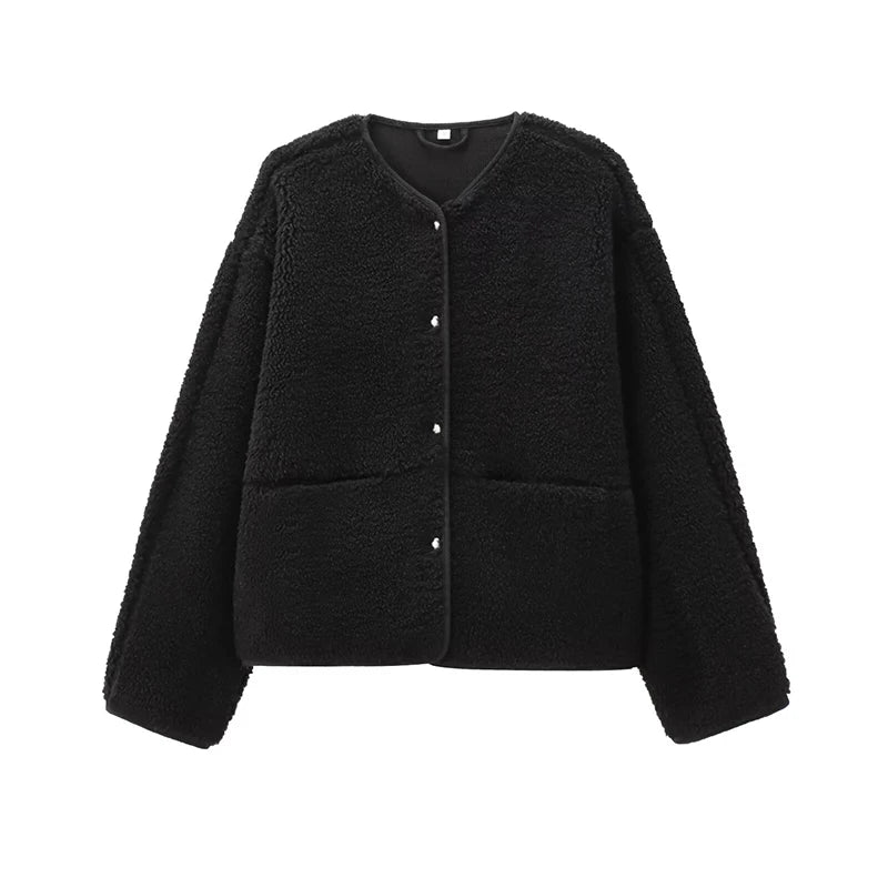 YENKYE New Women Soft Solid Teddy Jacket  Long Sleeve O Neck With Pockets Autumn Winter Outerwear Casual Lady Coat