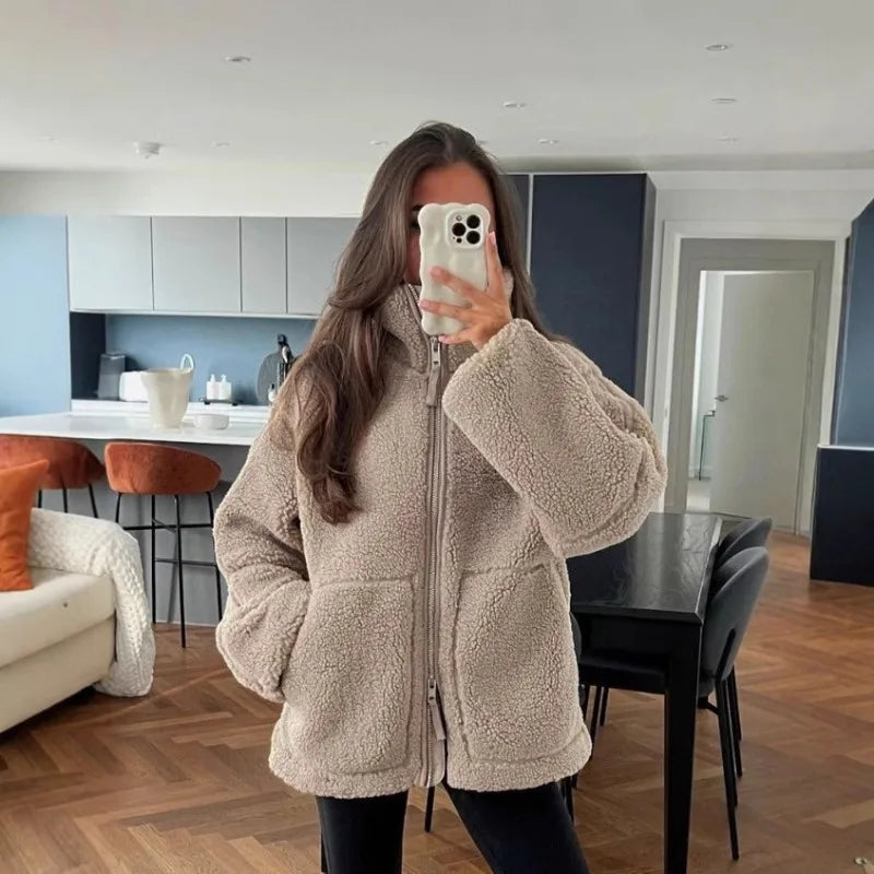 Women Solid Color Fleece Jacket High Neck Zip Up Warm Loose Teddy Coat For Autumn Winter