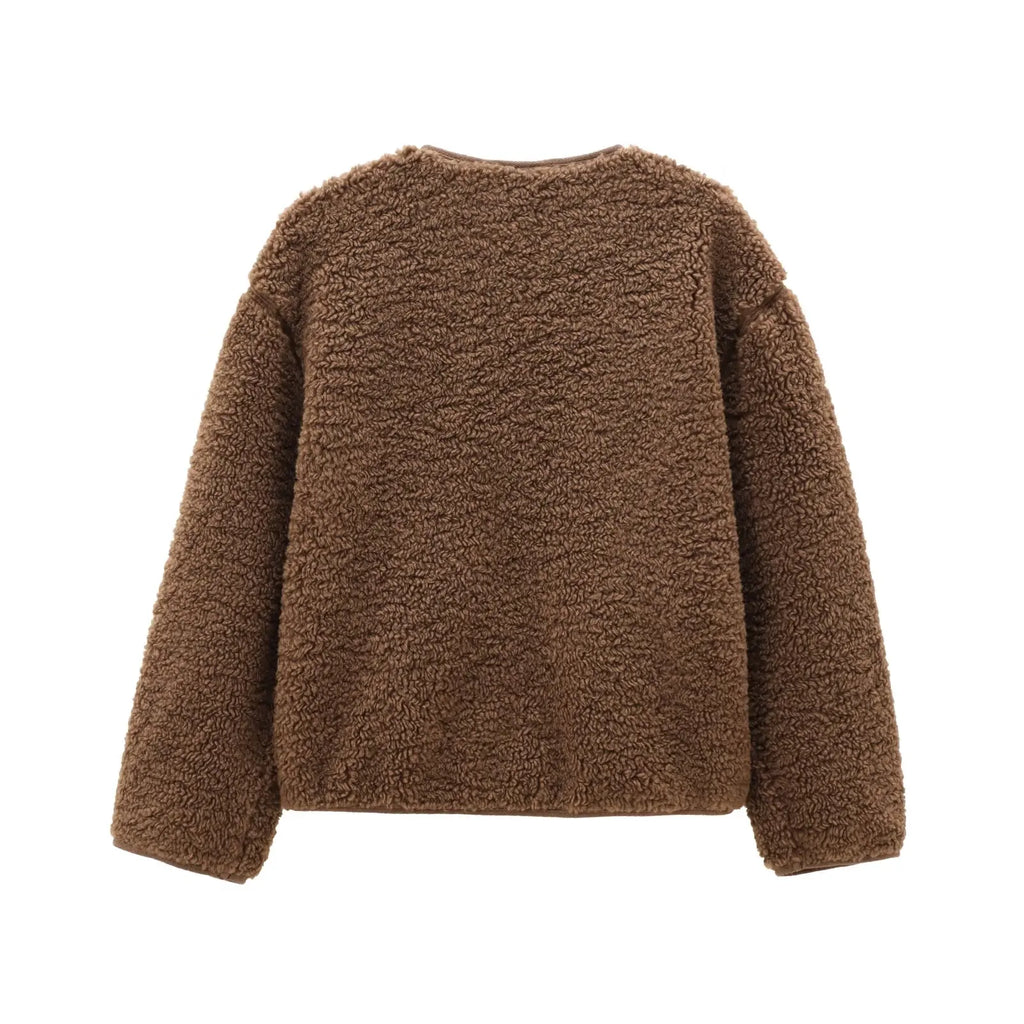 YENKYE New Women Soft Solid Teddy Jacket  Long Sleeve O Neck With Pockets Autumn Winter Outerwear Casual Lady Coat