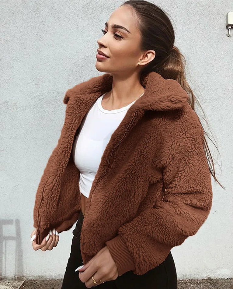 Women Thick Teddy Bear Pocket Fleece Jacket Winter Elegant Warm Coat Zip Up Outwear Overcoat Soft Fur Jacket Female Plush Coat