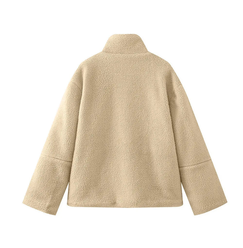 Women Solid Color Fleece Jacket High Neck Zip Up Warm Loose Teddy Coat For Autumn Winter