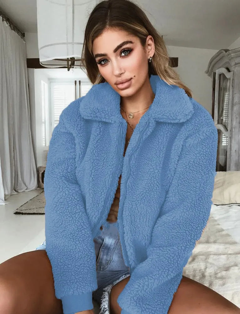 Women Thick Teddy Bear Pocket Fleece Jacket Winter Elegant Warm Coat Zip Up Outwear Overcoat Soft Fur Jacket Female Plush Coat