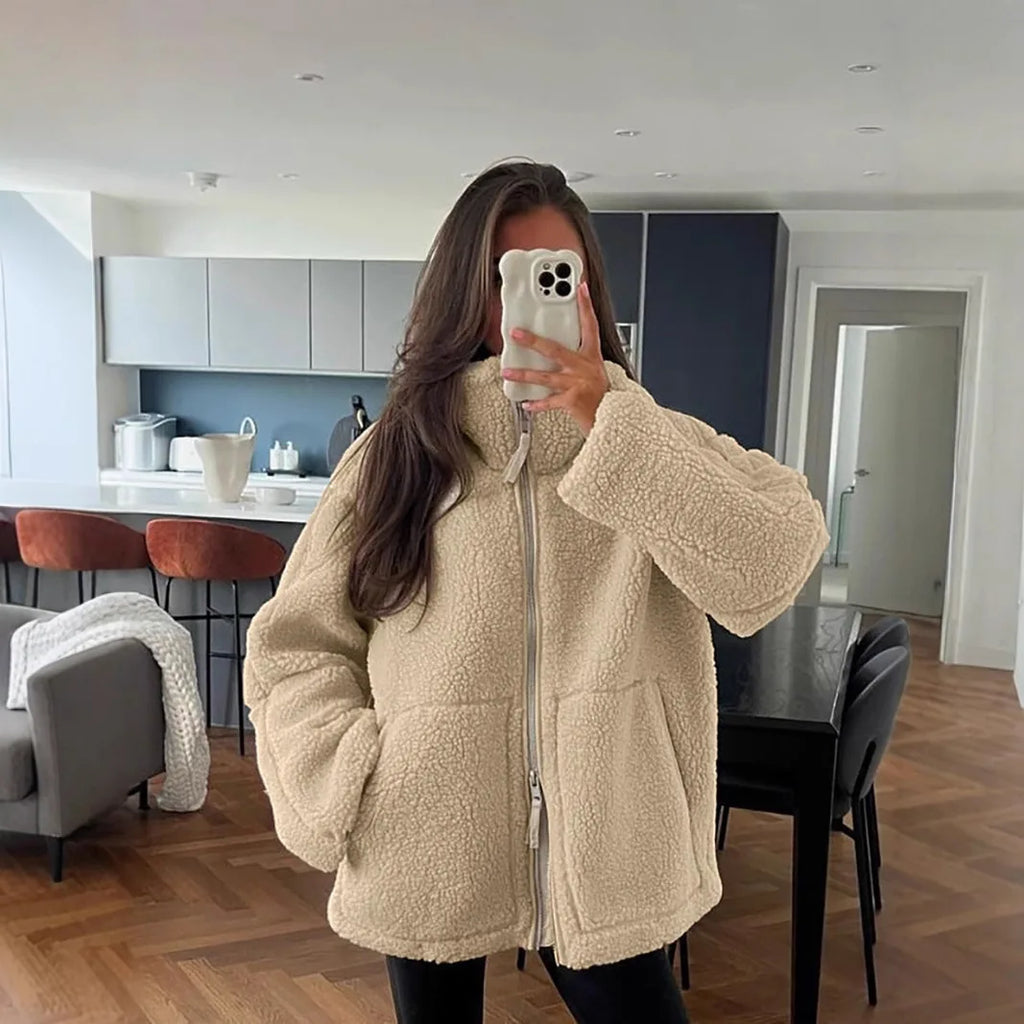 Women Solid Color Fleece Jacket High Neck Zip Up Warm Loose Teddy Coat For Autumn Winter