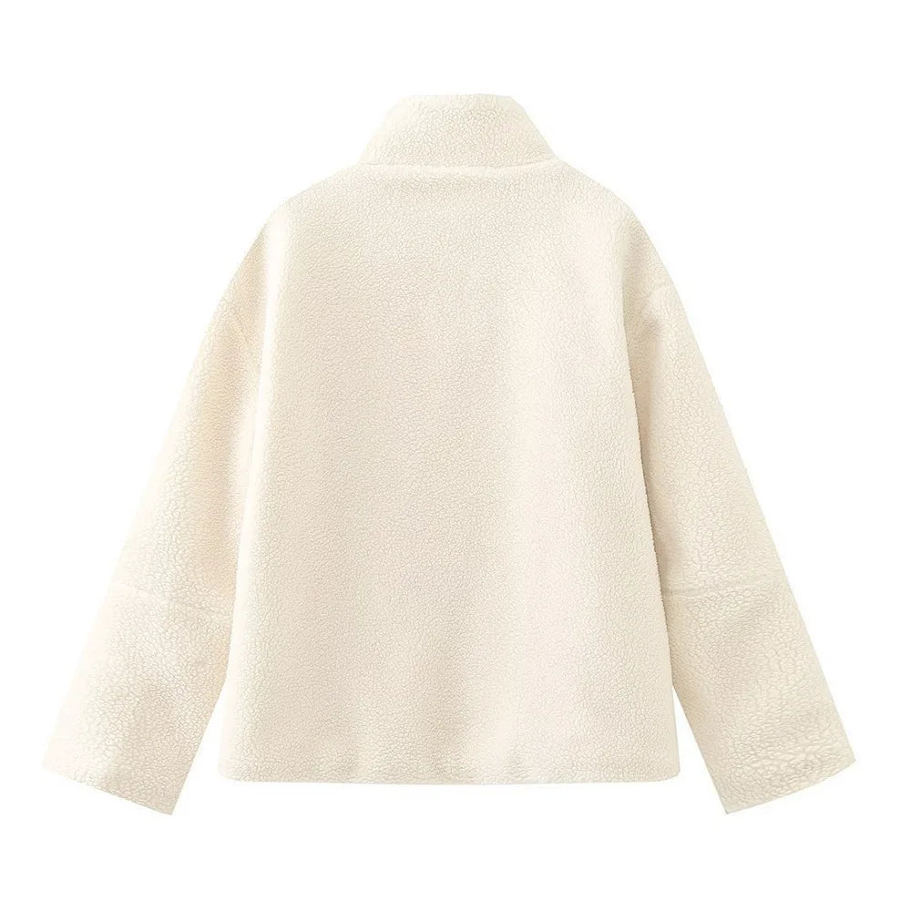 Women Solid Color Fleece Jacket High Neck Zip Up Warm Loose Teddy Coat For Autumn Winter