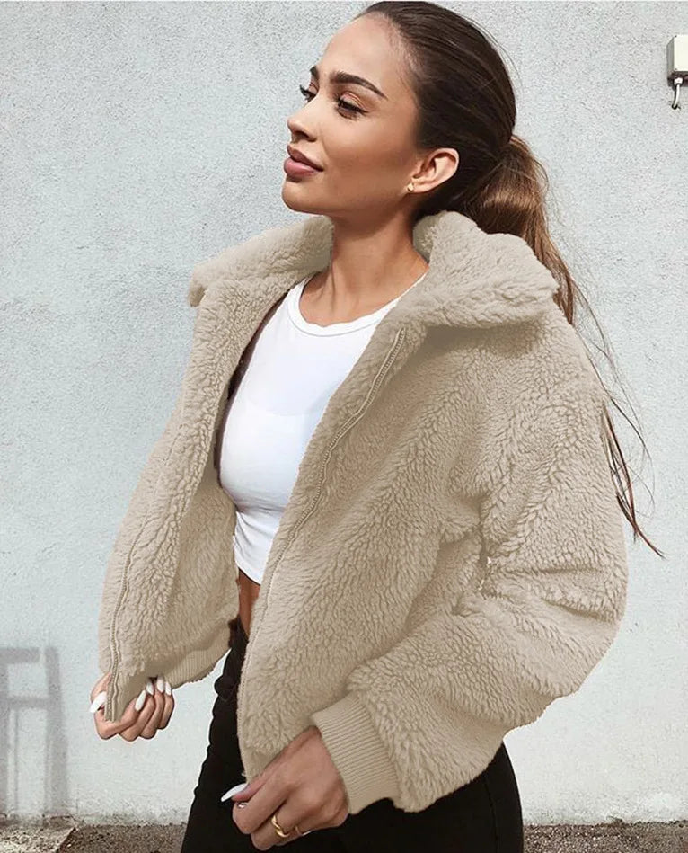 Women Thick Teddy Bear Pocket Fleece Jacket Winter Elegant Warm Coat Zip Up Outwear Overcoat Soft Fur Jacket Female Plush Coat