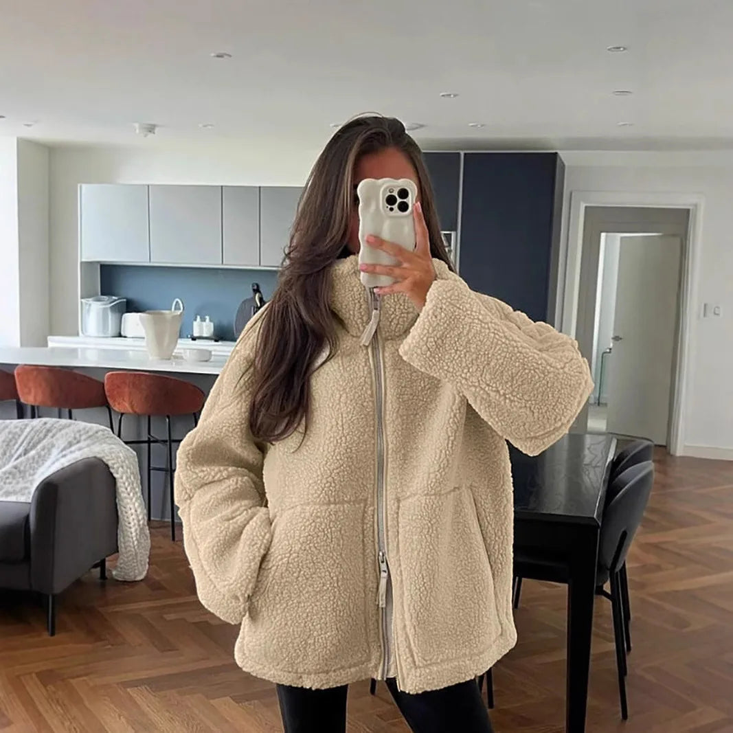 Women Solid Color Fleece Jacket High Neck Zip Up Warm Loose Teddy Coat For Autumn Winter