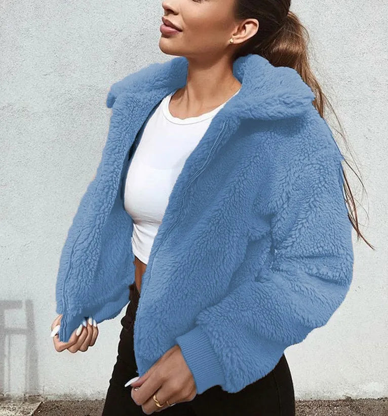 Women Thick Teddy Bear Pocket Fleece Jacket Winter Elegant Warm Coat Zip Up Outwear Overcoat Soft Fur Jacket Female Plush Coat