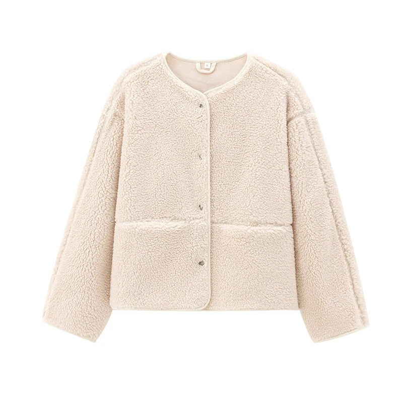 YENKYE New Women Soft Solid Teddy Jacket  Long Sleeve O Neck With Pockets Autumn Winter Outerwear Casual Lady Coat