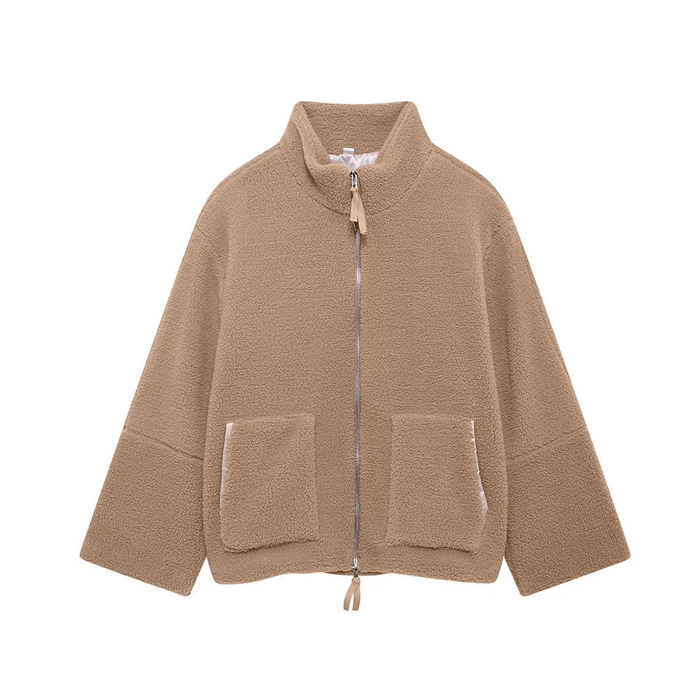 Women Solid Color Fleece Jacket High Neck Zip Up Warm Loose Teddy Coat For Autumn Winter