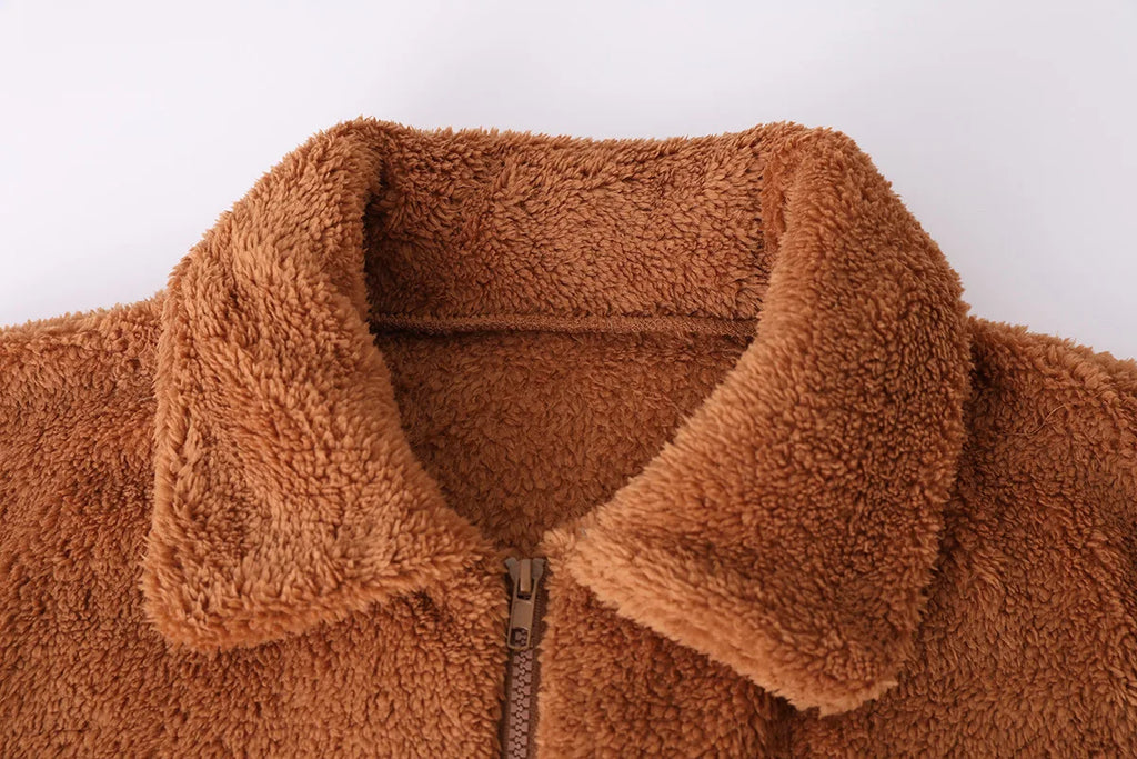 Women Thick Teddy Bear Pocket Fleece Jacket Winter Elegant Warm Coat Zip Up Outwear Overcoat Soft Fur Jacket Female Plush Coat