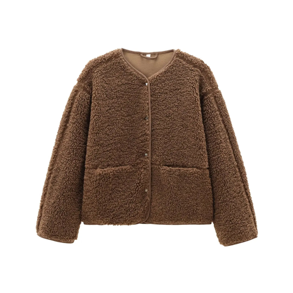 YENKYE New Women Soft Solid Teddy Jacket  Long Sleeve O Neck With Pockets Autumn Winter Outerwear Casual Lady Coat