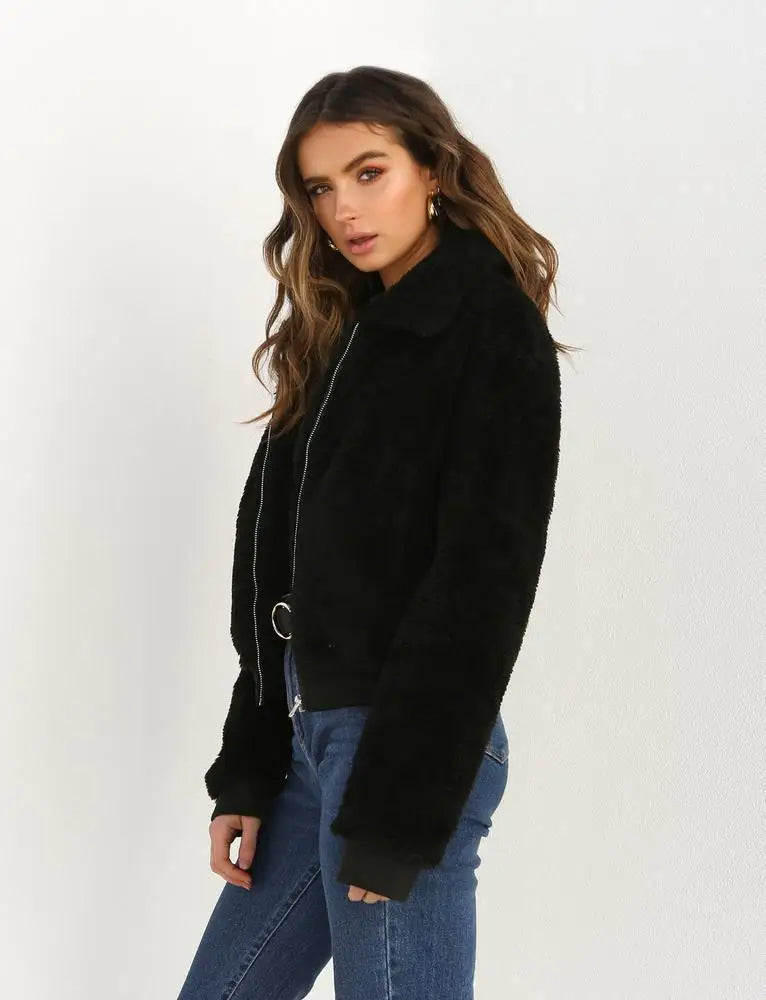 Women Thick Teddy Bear Pocket Fleece Jacket Winter Elegant Warm Coat Zip Up Outwear Overcoat Soft Fur Jacket Female Plush Coat