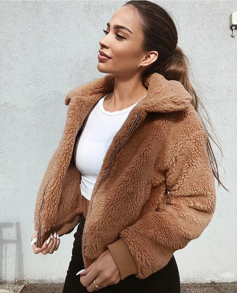 Women Thick Teddy Bear Pocket Fleece Jacket Winter Elegant Warm Coat Zip Up Outwear Overcoat Soft Fur Jacket Female Plush Coat