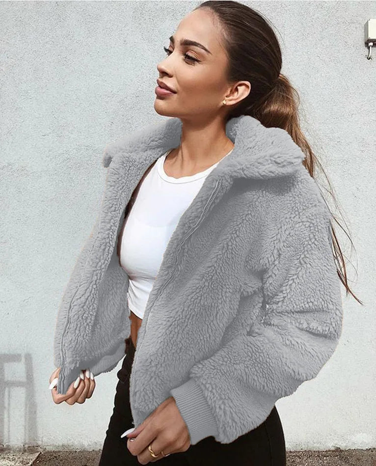 Women Thick Teddy Bear Pocket Fleece Jacket Winter Elegant Warm Coat Zip Up Outwear Overcoat Soft Fur Jacket Female Plush Coat