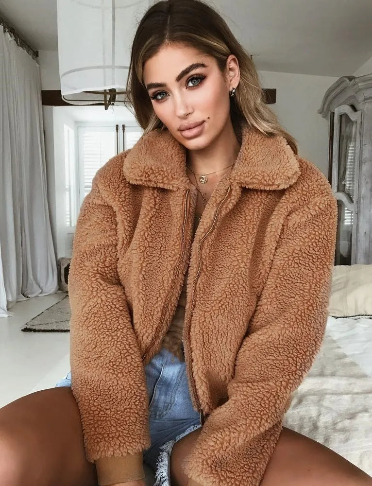Women Thick Teddy Bear Pocket Fleece Jacket Winter Elegant Warm Coat Zip Up Outwear Overcoat Soft Fur Jacket Female Plush Coat