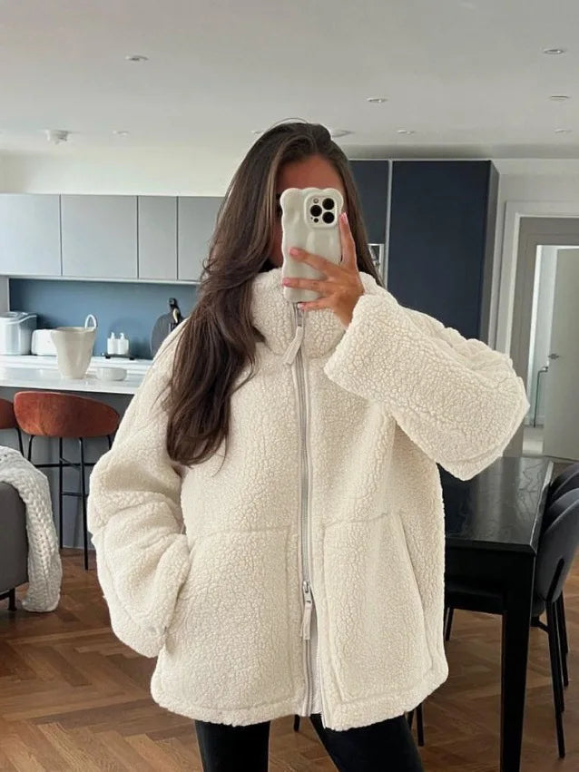 Women Solid Color Fleece Jacket High Neck Zip Up Warm Loose Teddy Coat For Autumn Winter